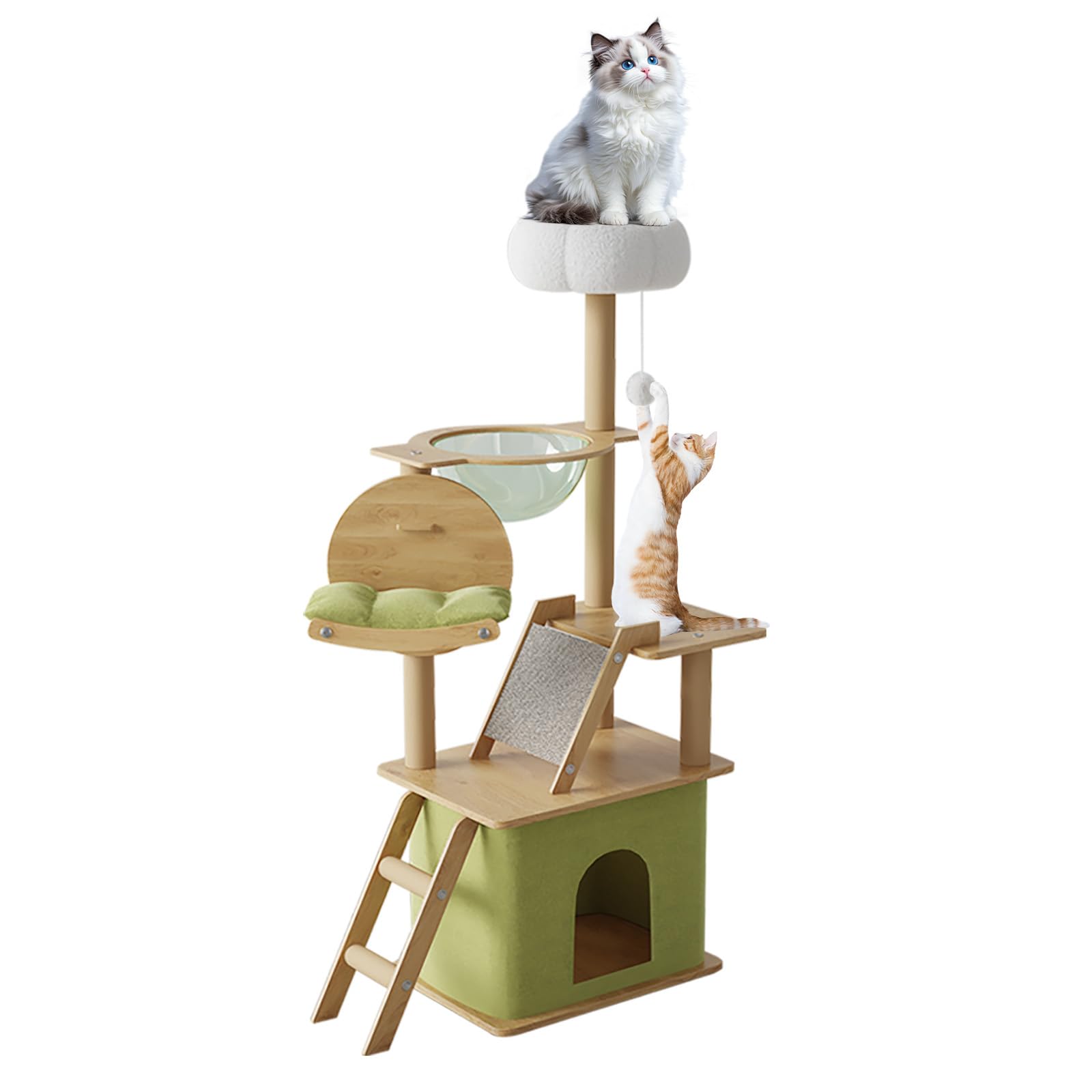 Большая отдельно стоящая деревянная кошачья башня с устойчивой конструкцией, с вращающимся домиком и прозрачной игровой зоной для царапания и зоной отдыха - все в малом зелёный 
Большая отдельно стоящая деревянная кошачья башня с устойчивой конструкцией, с вращающимся домиком и прозрачной игровой зоной для царапания и зоной отдыха - все в малом зелёный