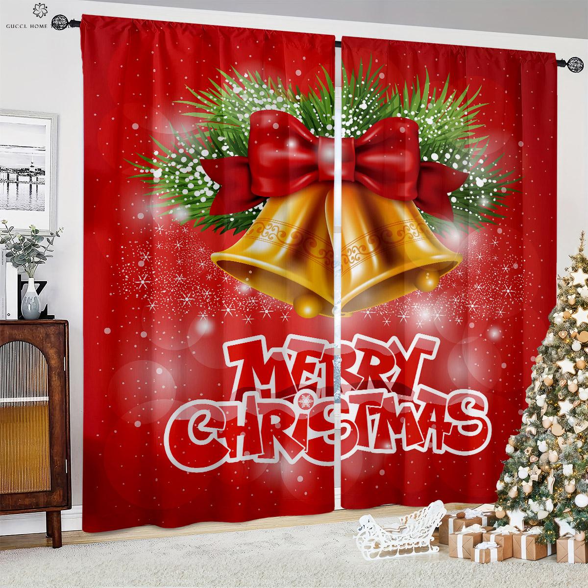 Колокольчик Подарочный Снежинка Мультфильм Рождественский Печатный Шторы Полиэстер Волокно Карманные Шторы Праздничные Вечерние Декоративные Шторы W50xH130(CM)x2PCS&Grommet Top