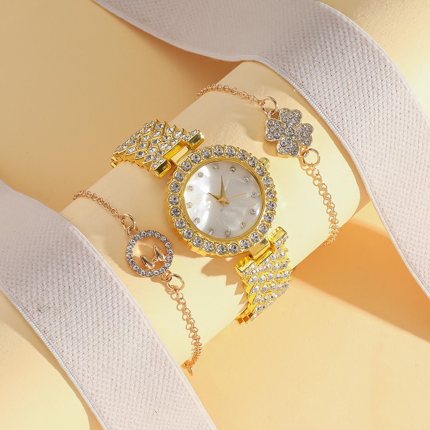 New diamond studded trendy quartz strap without gift box, clover bracelet 3-piece set золотой
New diamond studded trendy quartz strap without gift box, clover bracelet 3-piece set золотой