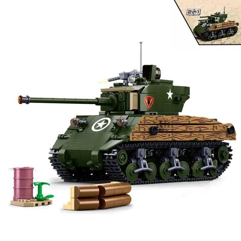 2 в 1 военный WW2 Шерман M4A3 средний танк строительные блоки армейский автомобиль кирпичи модель фигурка солдат оружие игрушка для ребенка подарок MOC 
2 в 1 военный WW2 Шерман M4A3 средний танк строительные блоки армейский автомобиль кирпичи модель фигурка солдат оружие игрушка для ребенка подарок MOC