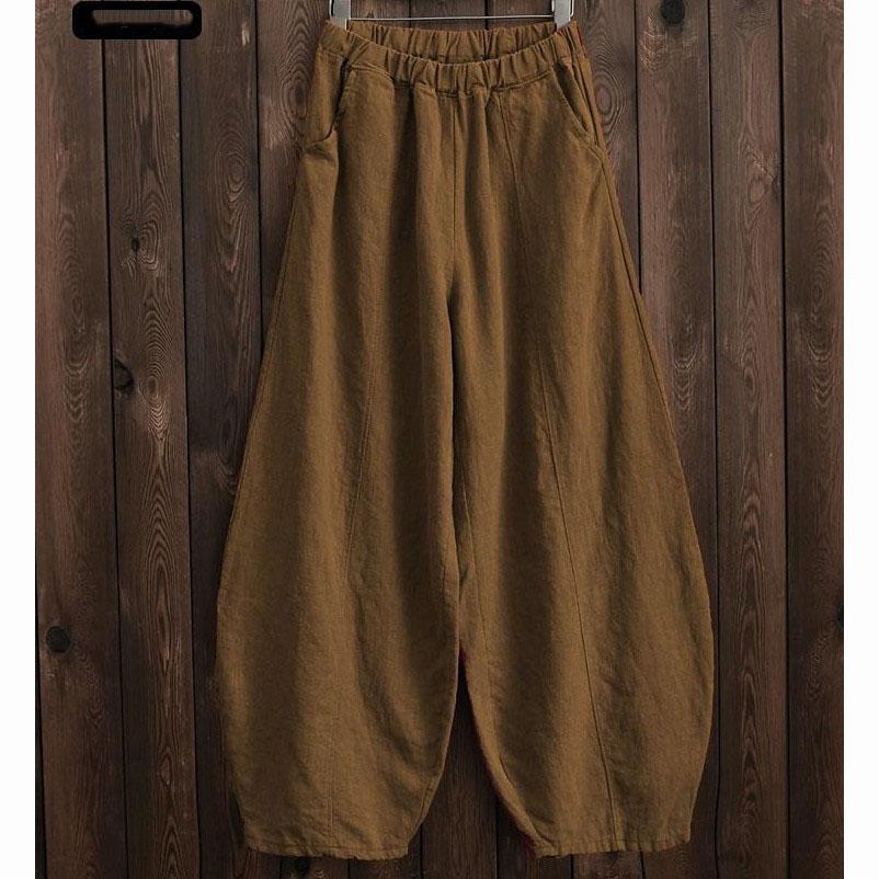 Весна-лето Хлопок Льняной Стиль Шаровары Широкие Брюки Женские Винтажные Длинные Элегантные Брюки Твердые Эластичная Талия XXL коричневый