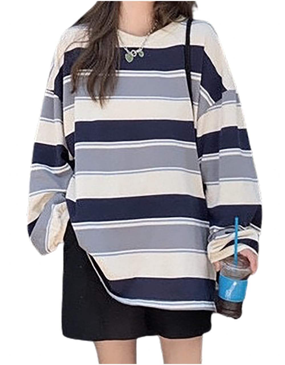 MRLuse Полосатая Длинная Свободная Оверсайз Простая Идеально для и Женская Футболка, Посадка, Тонкая, Силуэт, Дизайн, Поездки на работу, Школа, Спорт, Танцы, серый