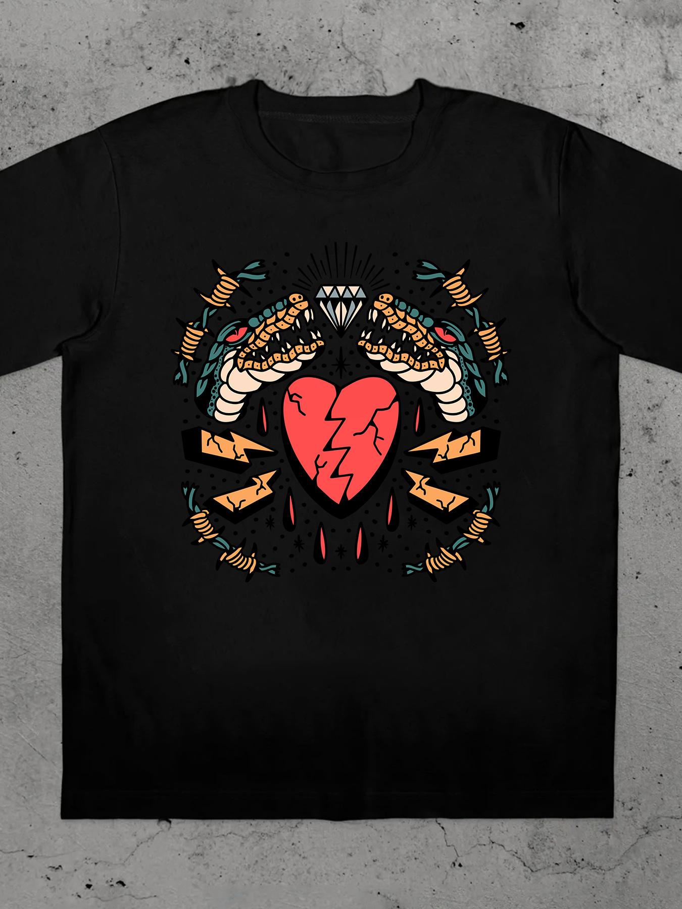 Men S Round Neck T-Shirt Featuring a Broken Heart And Double-Headed Snake Design in American Traditional Tattoo Style S
Men S Round Neck T-Shirt Featuring a Broken Heart And Double-Headed Snake Design in American Traditional Tattoo Style S
