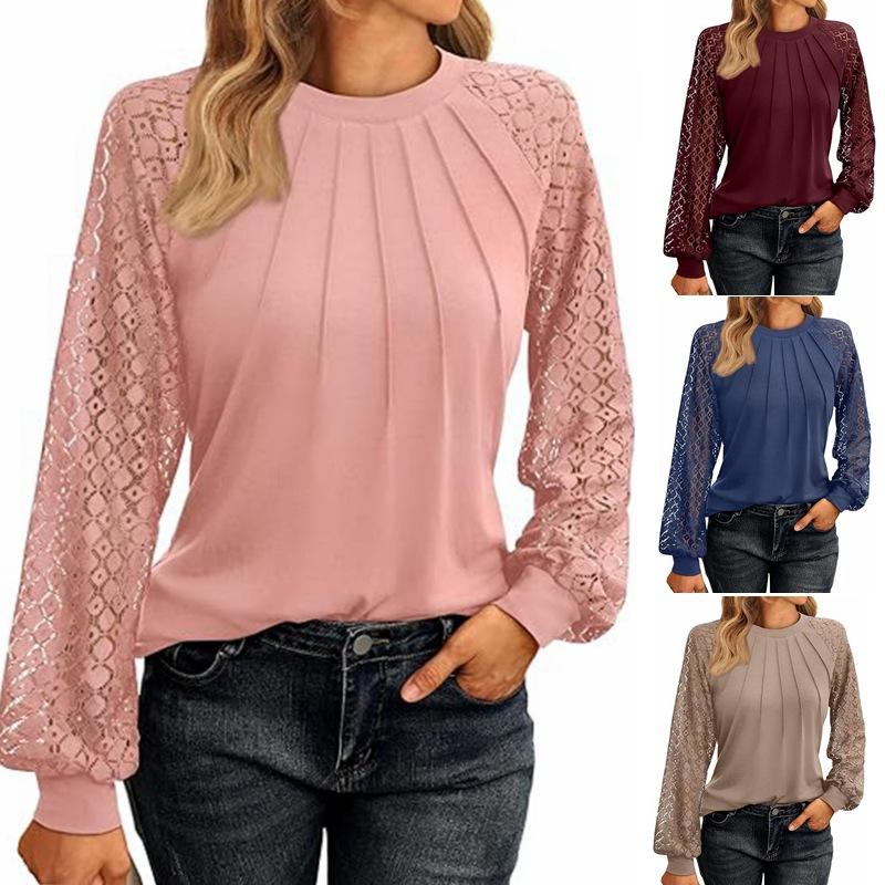 Summer new style lace stitching round neck pleated long-sleeved blouse shirt women S чорний
Summer new style lace stitching round neck pleated long-sleeved blouse shirt women S чорний