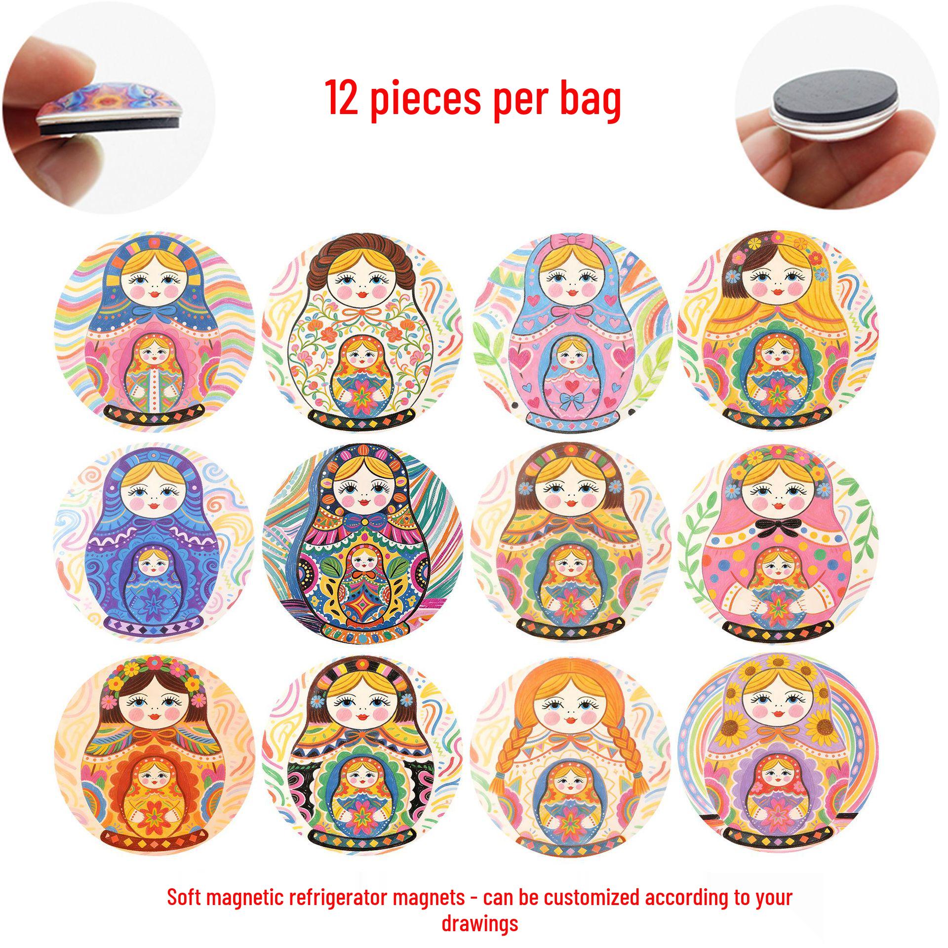 Colorful Cartoon Russian Nesting Doll Glass Stickers & Soft Magnetic Refrigerator Magnets for Home Decoration 12pcs 25mm Magnets (SMH587)
Colorful Cartoon Russian Nesting Doll Glass Stickers & Soft Magnetic Refrigerator Magnets for Home Decoration 12pcs 25mm Magnets (SMH587)