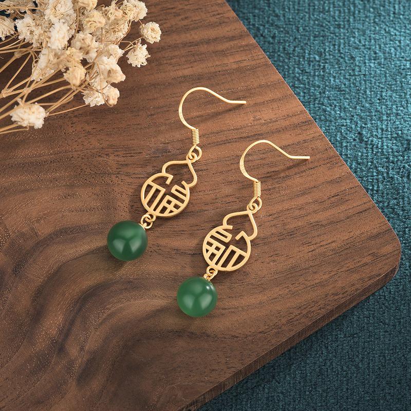 Creative National Tide Style Fu Lu Gold-Plated Stud Earrings with Chalcedony Jasper Gourd for Women
Creative National Tide Style Fu Lu Gold-Plated Stud Earrings with Chalcedony Jasper Gourd for Women