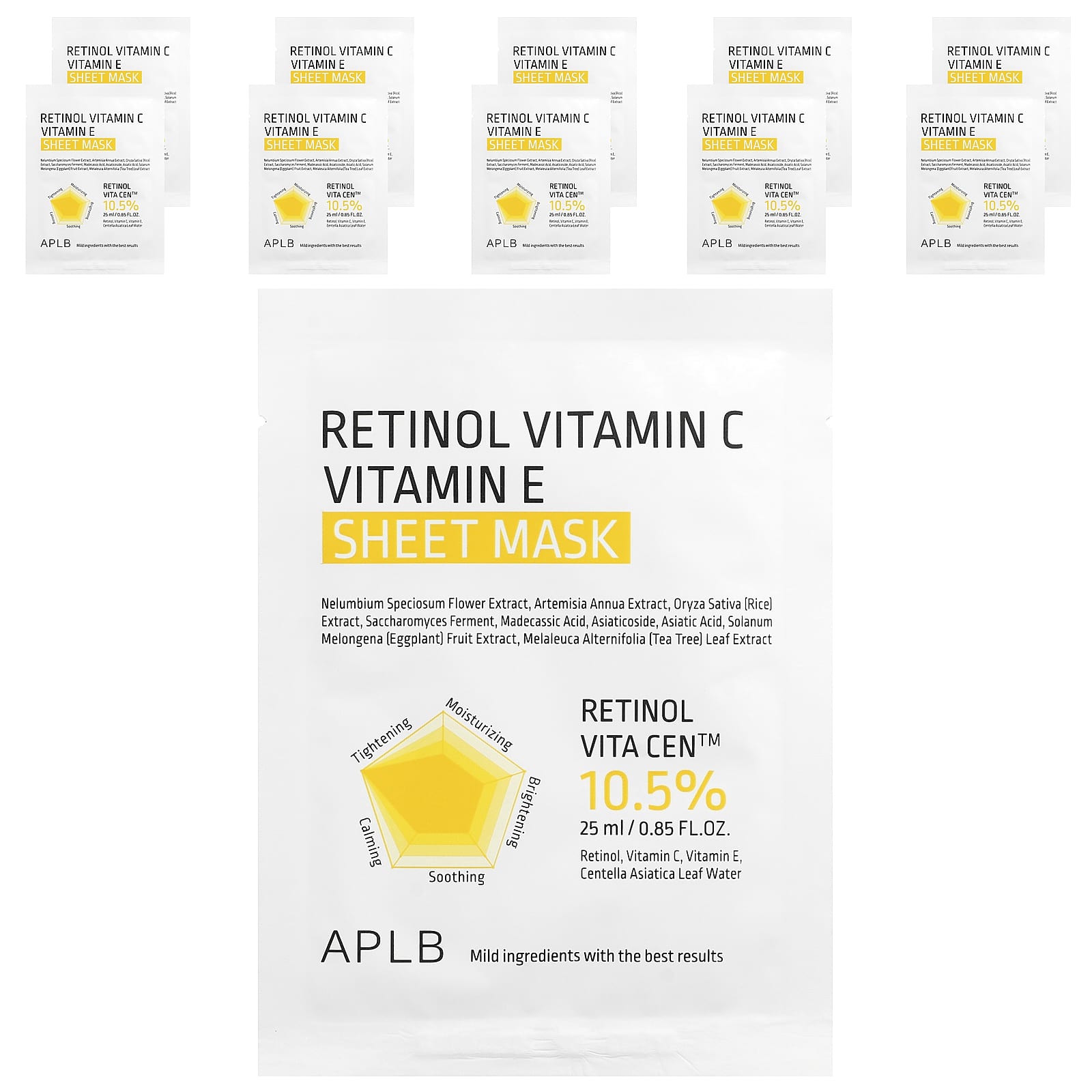 APLB Retinol Vitamin C Vitamin E Beauty Sheet Mask, 10 Sheets, 25ml (0.85 fl oz) Each
APLB Retinol Vitamin C Vitamin E Beauty Sheet Mask, 10 Sheets, 25ml (0.85 fl oz) Each