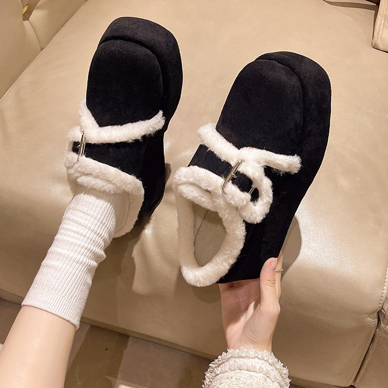 Женские балетки на платформе, замшевые новые зимние мюли, обувь 2025 тренд, короткий плюш, женские шлепанцы, с ремешком сзади, zapatos 40 чёрный