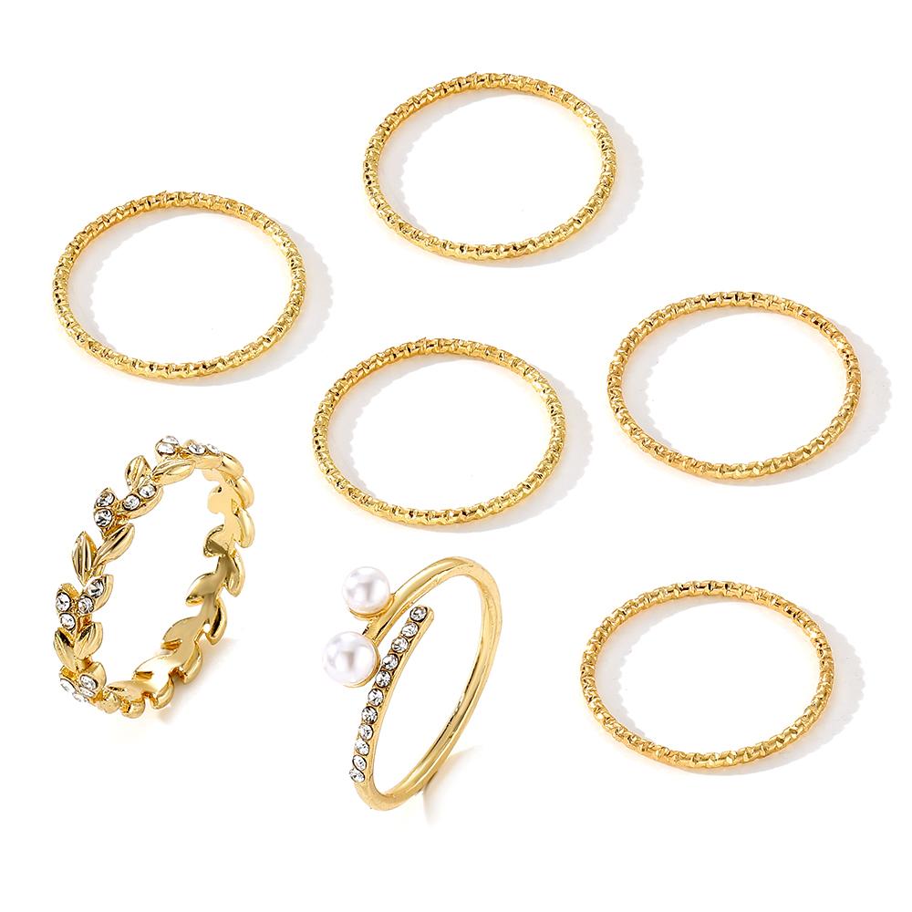 2023 Мода Лист Капель Спираль Жемчужное Кольцо 21 Шт. Поворотное Кольцо Сусальное Золото 11 Шт. Ювелирные Изделия Для Девочек Студенческие Роскошные Партии Элегантный Гламурный Сексуальный Комплект Кольца 1 золотой