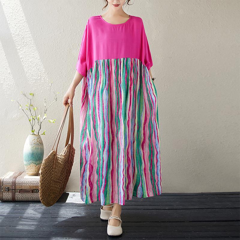 DIMANAF 2024 новое платье больших размеров, летнее женское свободное платье с коротким рукавом, пляжная мода, полосатый базовый новый большой размер с круглым вырезом One Size розовый