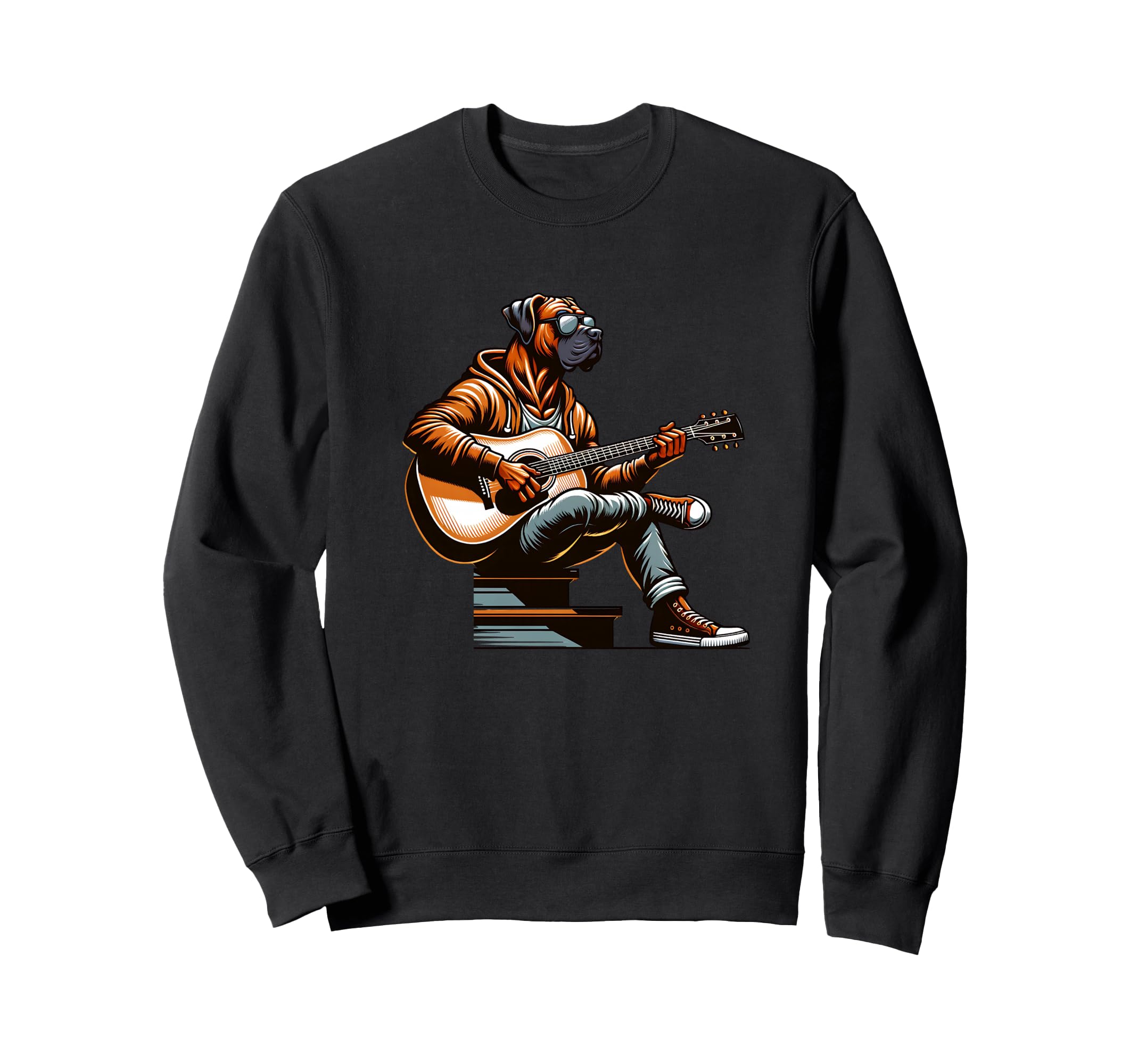 Boxer dog, acoustic guitar, sunglasses, rock musician, hoodie, streetwear, sweatshirt
Boxer dog, acoustic guitar, sunglasses, rock musician, hoodie, streetwear, sweatshirt