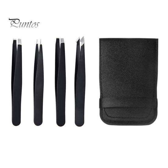 4 шт. пинцета для бровей из нержавеющей стали с чехлом из искусственной кожи, плоский скошенный кончик, прецизионный пинцет для удаления волос на лице и носу, женские инструменты для макияжа чёрный
