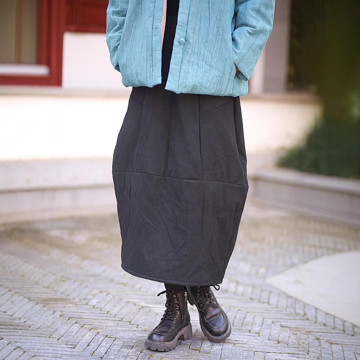 Johnature Женские теплые юбки А-силуэта с эластичной талией, однотонные зимние свободные юбки с карманами в стиле пэчворк One Size чёрный