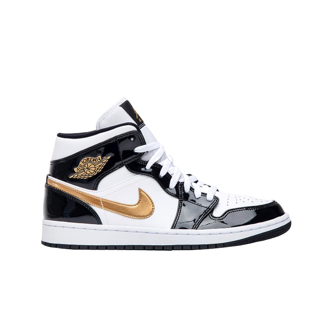Jordan 1 Mid Patent Black White Gold 295
Jordan 1 Mid Patent Black White Gold 295