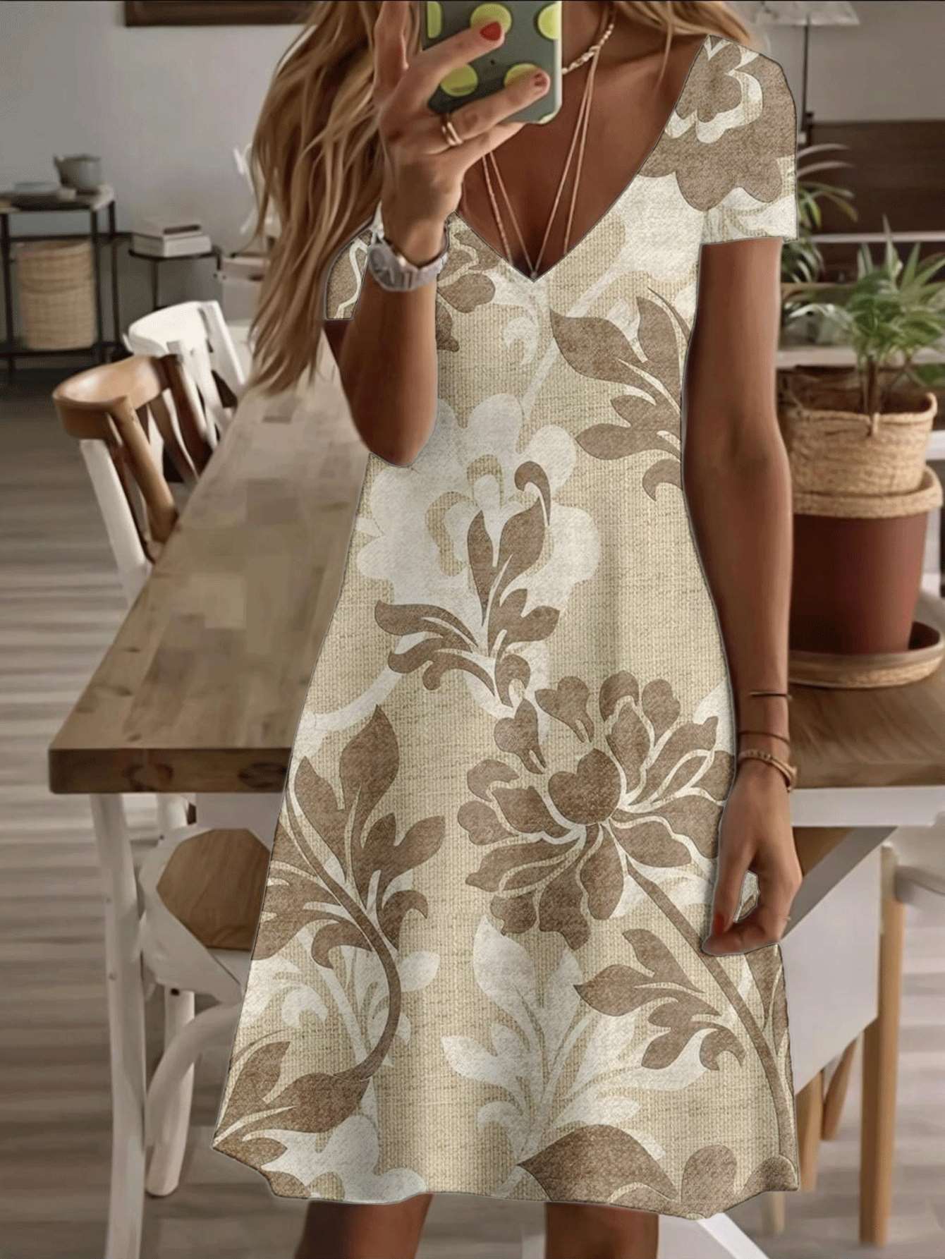 Vneck shortsleeve midi dress vintage beige floral print pattern 3D premium printing durable casual fashion elegant summer style comfortable breathable M дубильная кора
Vneck shortsleeve midi dress vintage beige floral print pattern 3D premium printing durable casual fashion elegant summer style comfortable breathable M дубильная кора
