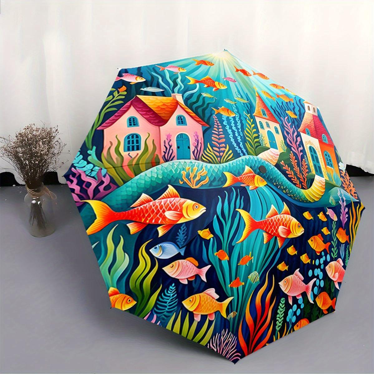 Automatic Folding Umbrella The umbrella features an underwater scene with colorful fish and coral. Portable collapsible design Iron&8K
Automatic Folding Umbrella The umbrella features an underwater scene with colorful fish and coral. Portable collapsible design Iron&8K