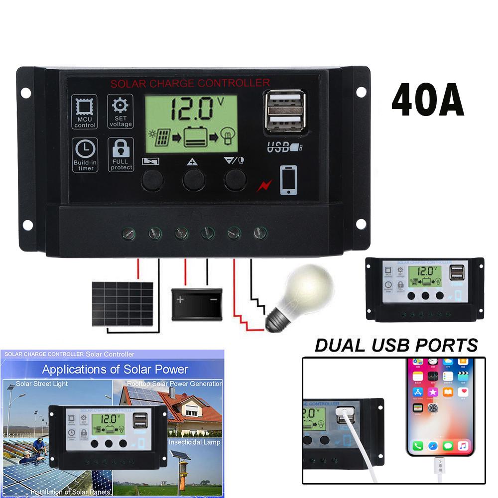 Регулятор заряда солнечной панели USB 40A 12V-24V с двойным зарядным устройством USB 
Регулятор заряда солнечной панели USB 40A 12V-24V с двойным зарядным устройством USB