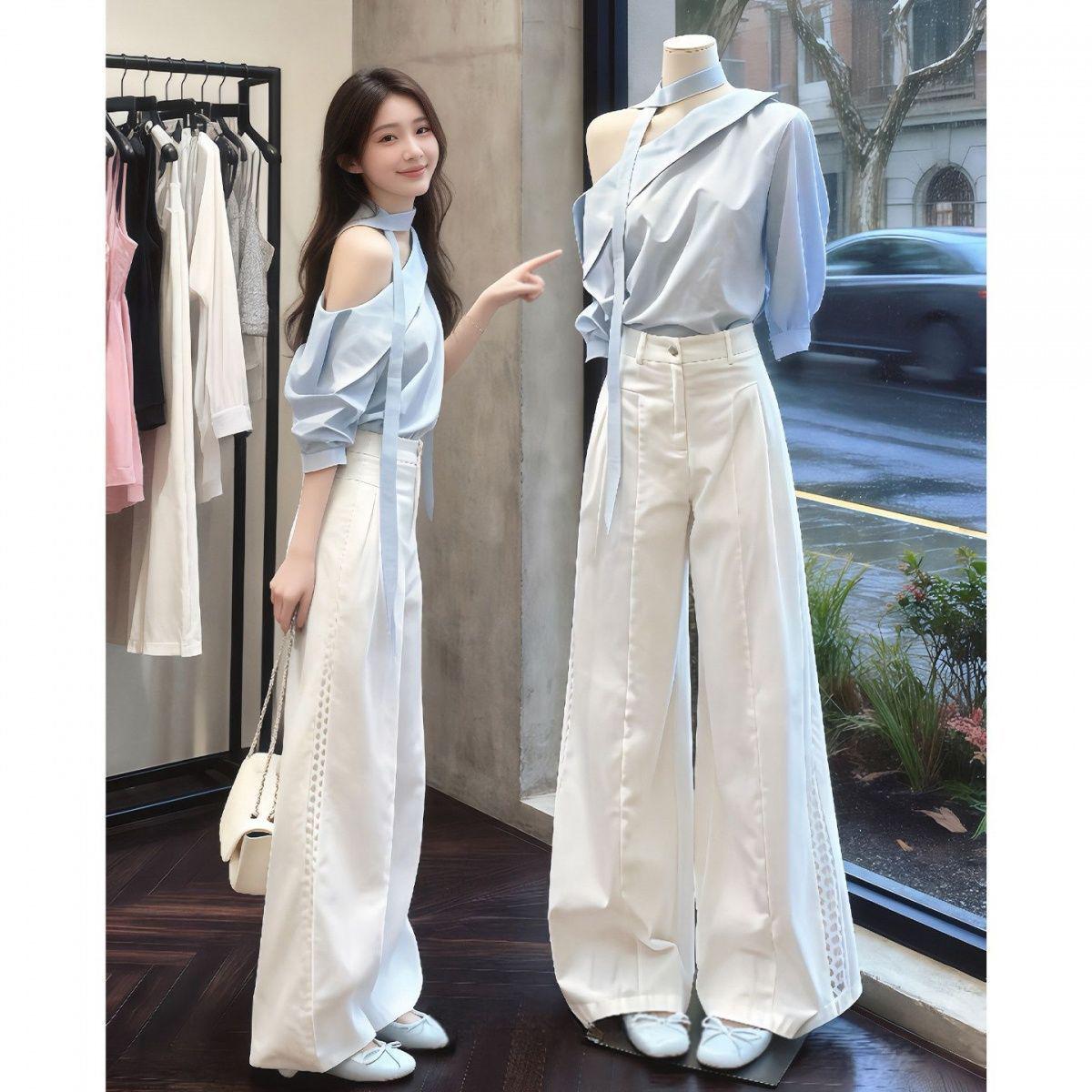 Korean-Inspired Blue Off-Shoulder Shirt and Wide-Leg Pants Set - Women s Trendy Commuting Outfit M 45-52kg
Korean-Inspired Blue Off-Shoulder Shirt and Wide-Leg Pants Set - Women s Trendy Commuting Outfit M 45-52kg