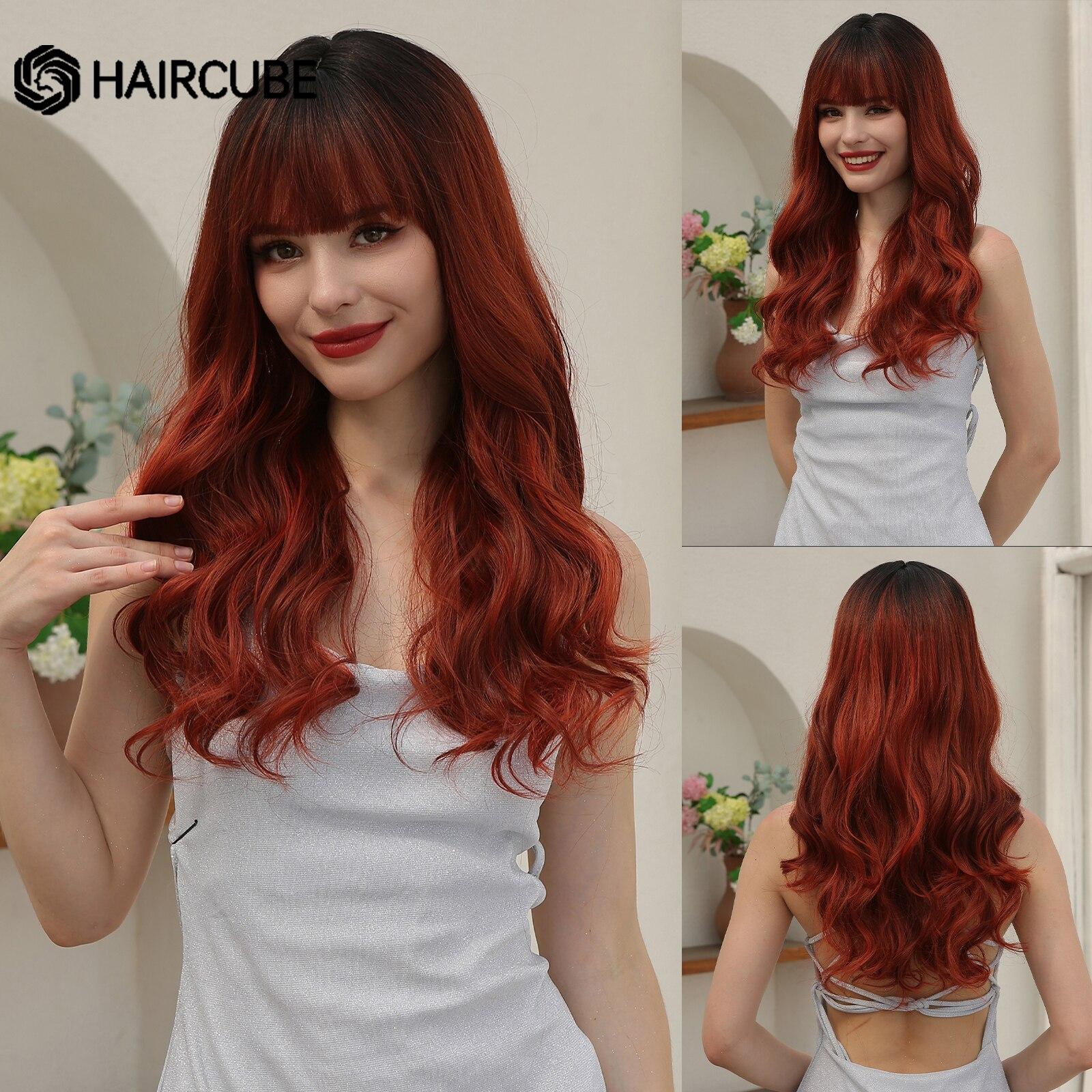 HAIRCUBE Длинный волнистый красно-коричневый синтетический парик с темными корнями из натуральных волос с челкой для женщин, термостойкий парик для повседневного косплея
HAIRCUBE Длинный волнистый красно-коричневый синтетический парик с темными корнями из натуральных волос с челкой для женщин, термостойкий парик для повседневного косплея