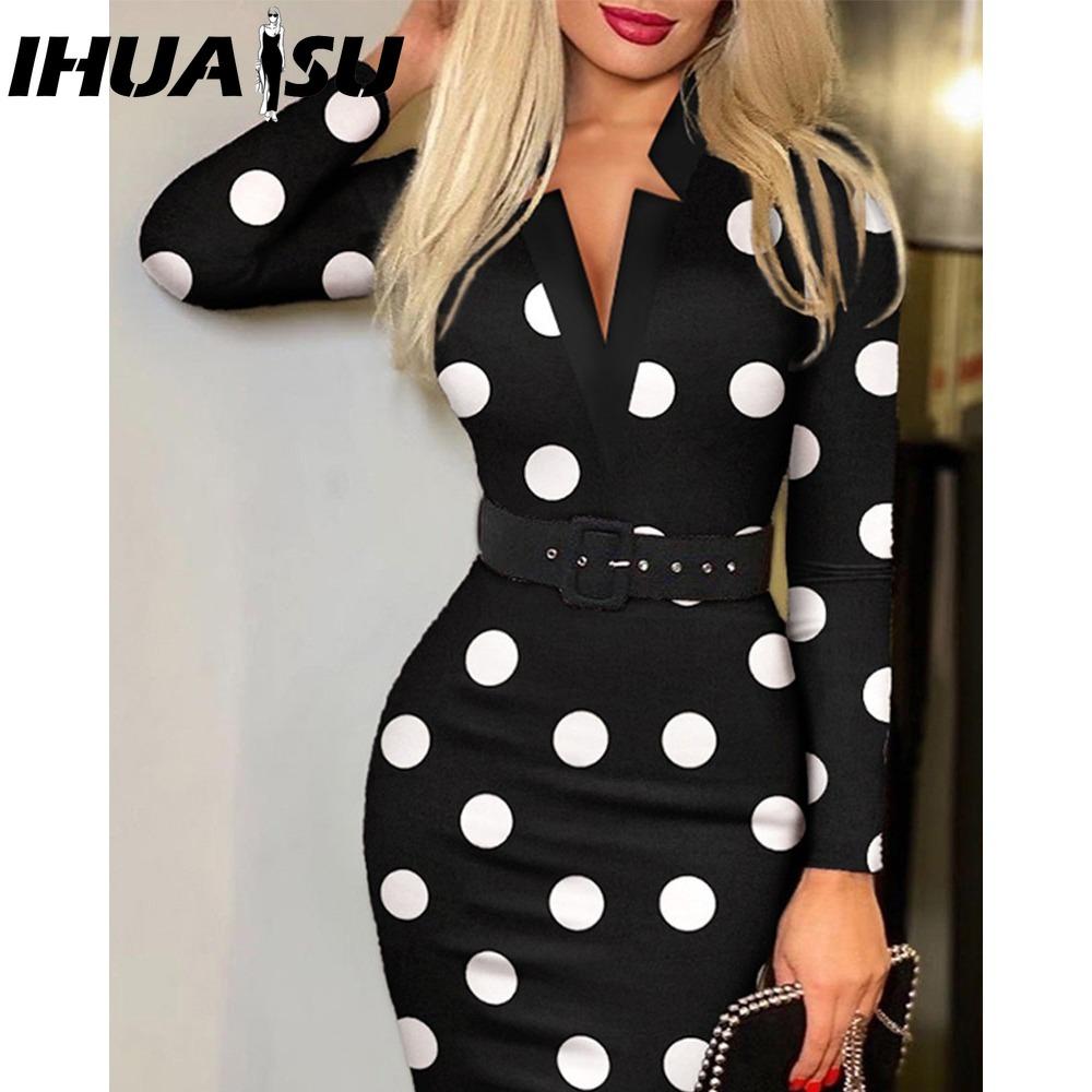 IHUASU Женская мода Весна Осень Длинный рукав V-образный вырез Завышенная талия Повседневные платья XXL