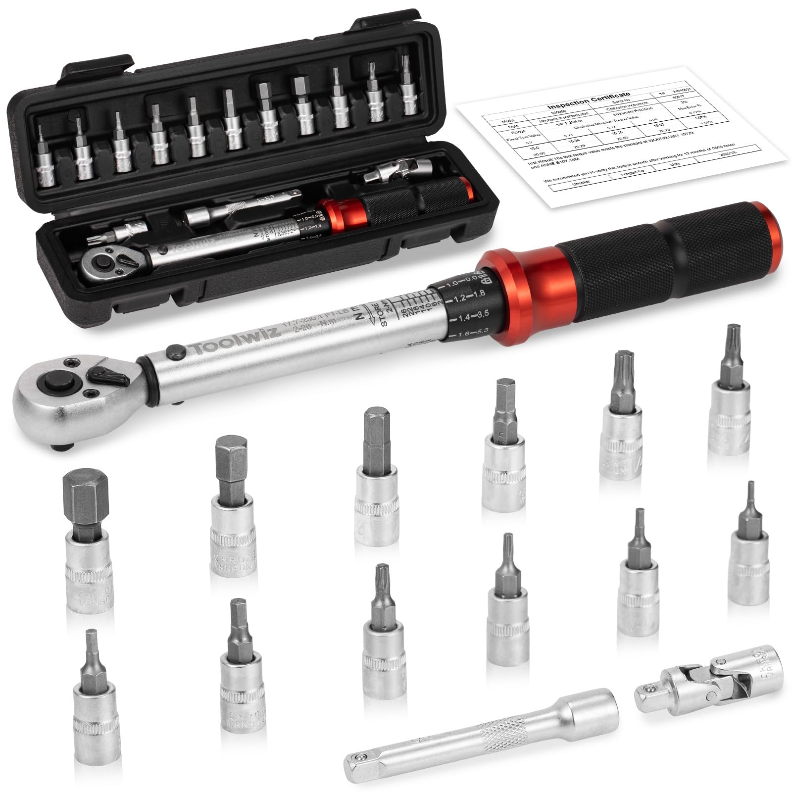 Toolwiz Torque Wrench with 14 Adjustable Range 22cm High Calibration Certificate Dual Socket Bidirectional for and Car Maintenance Bits, 6.35mm (1/4 )
Toolwiz Torque Wrench with 14 Adjustable Range 22cm High Calibration Certificate Dual Socket Bidirectional for and Car Maintenance Bits, 6.35mm (1/4 )