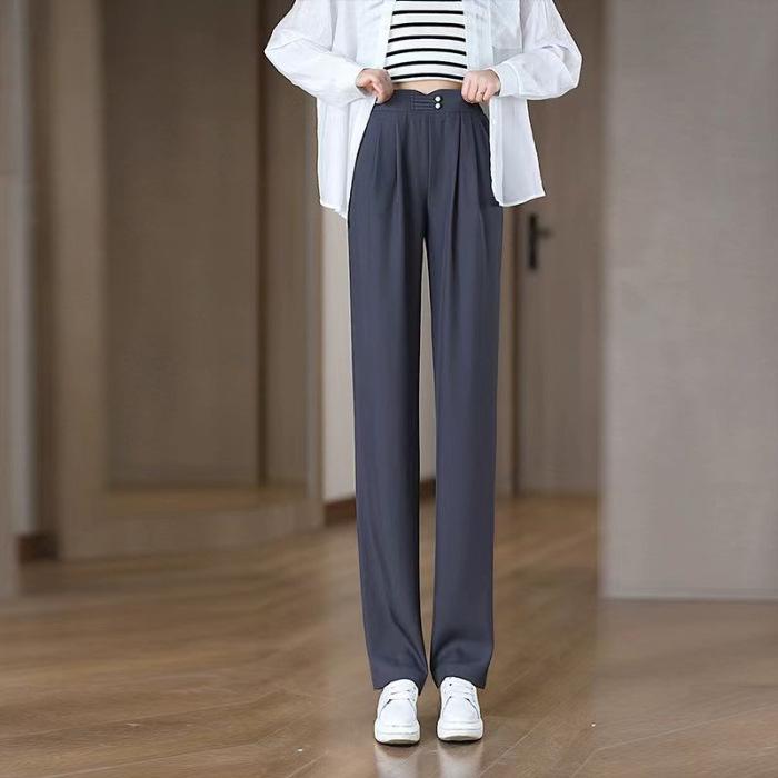 2025 Летние женские брюки с высокой талией из ледяного шелка прямого кроя: Стройнящий, Высокий, Универсальный и Крутой XL серый/синий