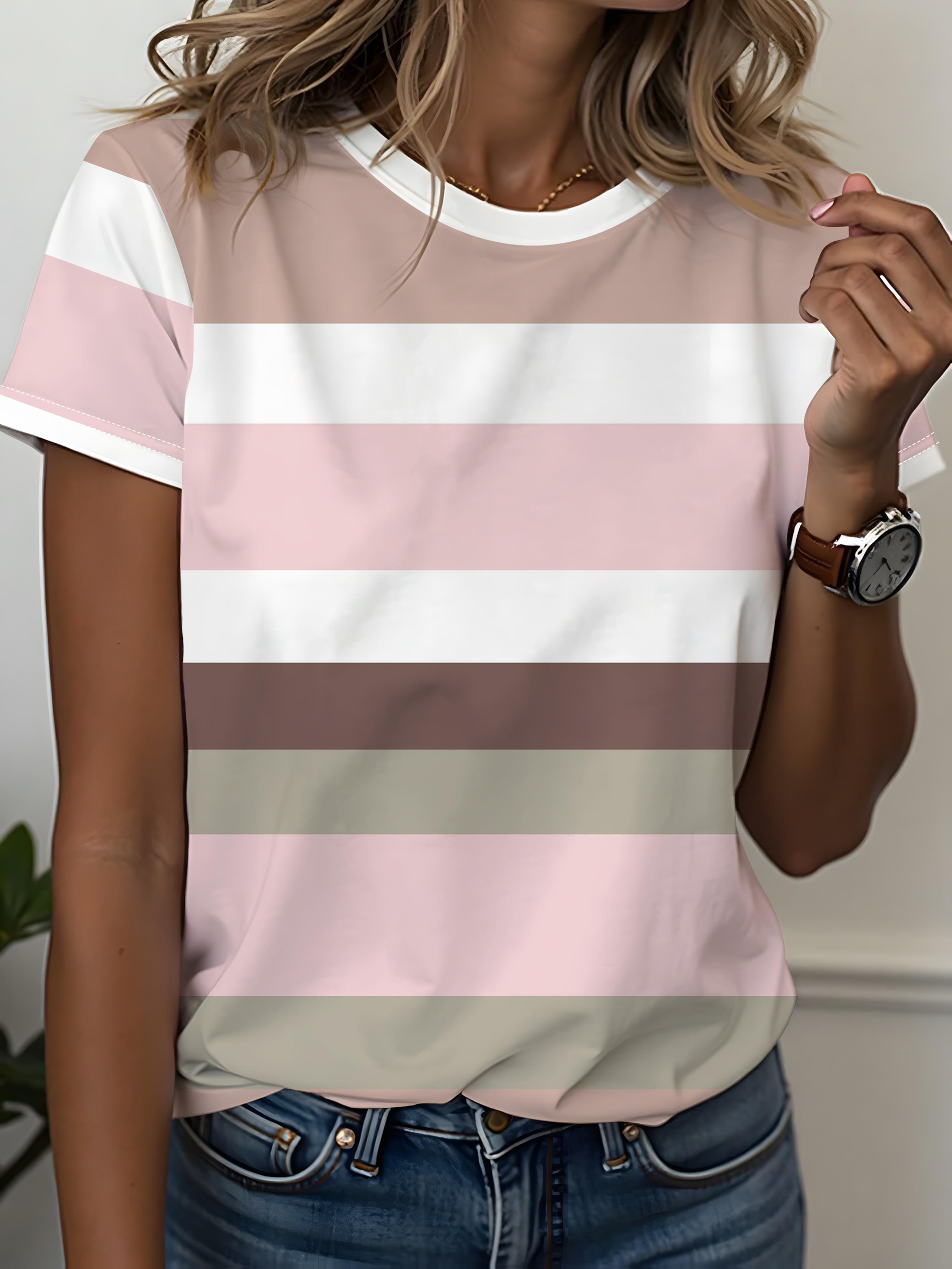 Women s soft macaron striped print short-sleeved T-shirt with gradient pink, white and brown stripe pattern XXS
Women s soft macaron striped print short-sleeved T-shirt with gradient pink, white and brown stripe pattern XXS