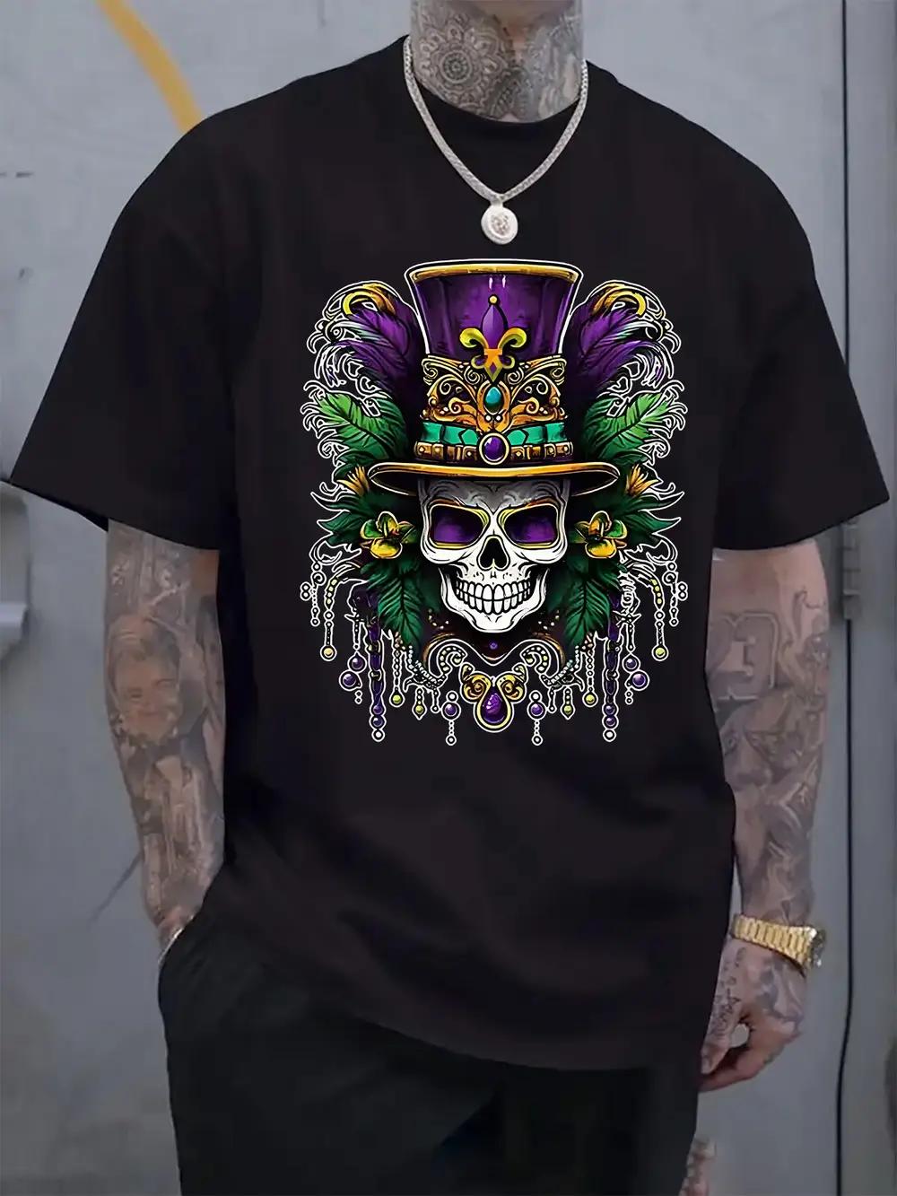Mardi Gras Skull Graphic T-shirt - Black Short Sleeve Crewneck with Festive Purple XXXXL
Mardi Gras Skull Graphic T-shirt - Black Short Sleeve Crewneck with Festive Purple XXXXL