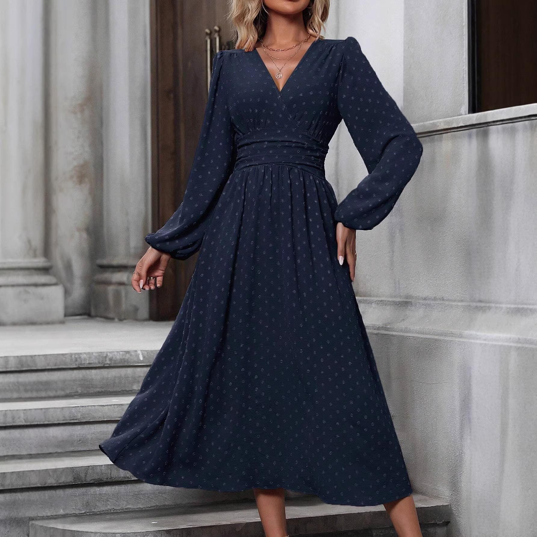 European & American Autumn/Winter Lantern Sleeve Dress with Slanted Collar and Pleated Waist Small темно-синього кольору
European & American Autumn/Winter Lantern Sleeve Dress with Slanted Collar and Pleated Waist Small темно-синього кольору