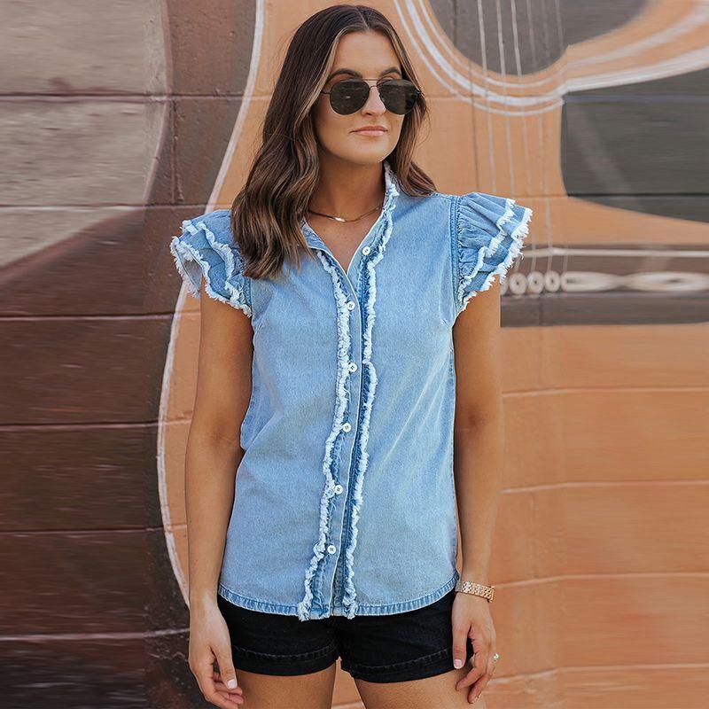 Fashion Thin Denim Stylish Raw Edge Casual Short Sleeve Light blue P804 S code fits (45.00 kg-55.00 kg
Fashion Thin Denim Stylish Raw Edge Casual Short Sleeve Light blue P804 S code fits (45.00 kg-55.00 kg