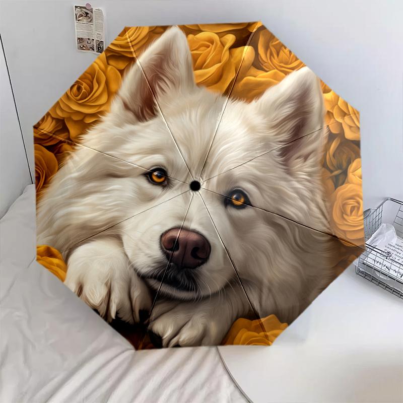 Samoyed and Rose pattern, automatic folding umbrella, portable and foldable design, 8 ribs, a Christmas or birthday gift.
Samoyed and Rose pattern, automatic folding umbrella, portable and foldable design, 8 ribs, a Christmas or birthday gift.