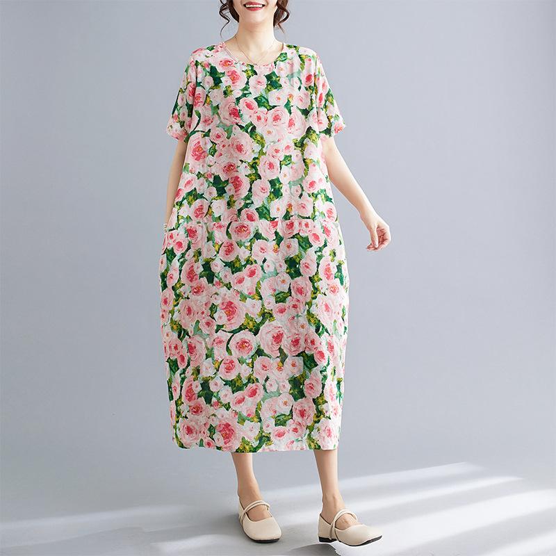 Летнее хлопковое льняное асимметричное принтованное пэчворк свободное платье с короткими рукавами для женщин 2XL красный