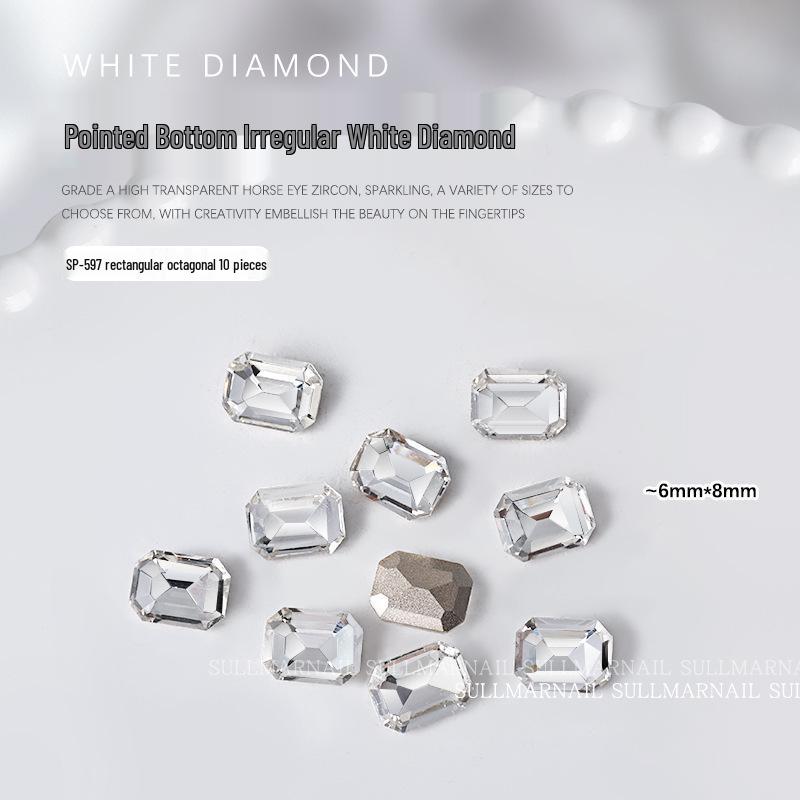 10-Piece Nail Art Set: Pointed Bottom, Heart, Crooked Heart, White Diamond, Peach Heart, and Square Transparent Rhinestones.
10-Piece Nail Art Set: Pointed Bottom, Heart, Crooked Heart, White Diamond, Peach Heart, and Square Transparent Rhinestones.