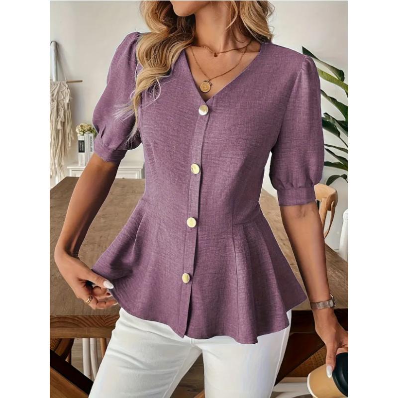 Women Clothing Summer Shirt With Elegant V-Neck Puffy Short Sleeves Solid Color Slim Fit Blouse For Ladies 2XL
Women Clothing Summer Shirt With Elegant V-Neck Puffy Short Sleeves Solid Color Slim Fit Blouse For Ladies 2XL