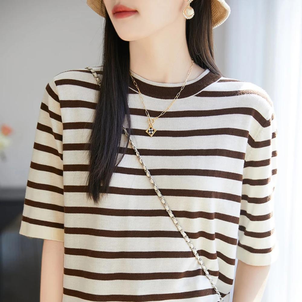 Women s Beige Brown Striped T-shirt Round Neck Short-sleeved Loose Casual Summer Top M
Women s Beige Brown Striped T-shirt Round Neck Short-sleeved Loose Casual Summer Top M