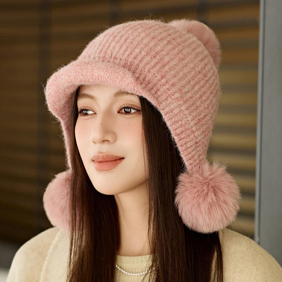 Зимняя толстая вязаная шапка женская уличная теплая бархатная защитная шерстяная шапка-шарф розовый