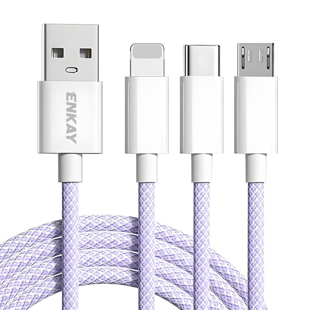 ENKAY 1m 3 in 1 USB to iP/Type-C/Micro USB 60W Charging Data Cable Braided Wire Purple
ENKAY 1m 3 in 1 USB to iP/Type-C/Micro USB 60W Charging Data Cable Braided Wire Purple