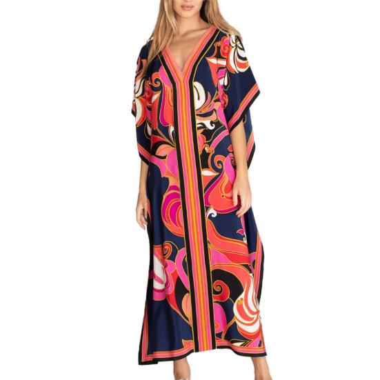 2024 платье-халат с v-образным вырезом и рукавами «летучая мышь», свободное платье до щиколотки, крутое богемное платье с геометрическим принтом, пляжная одежда чёрный