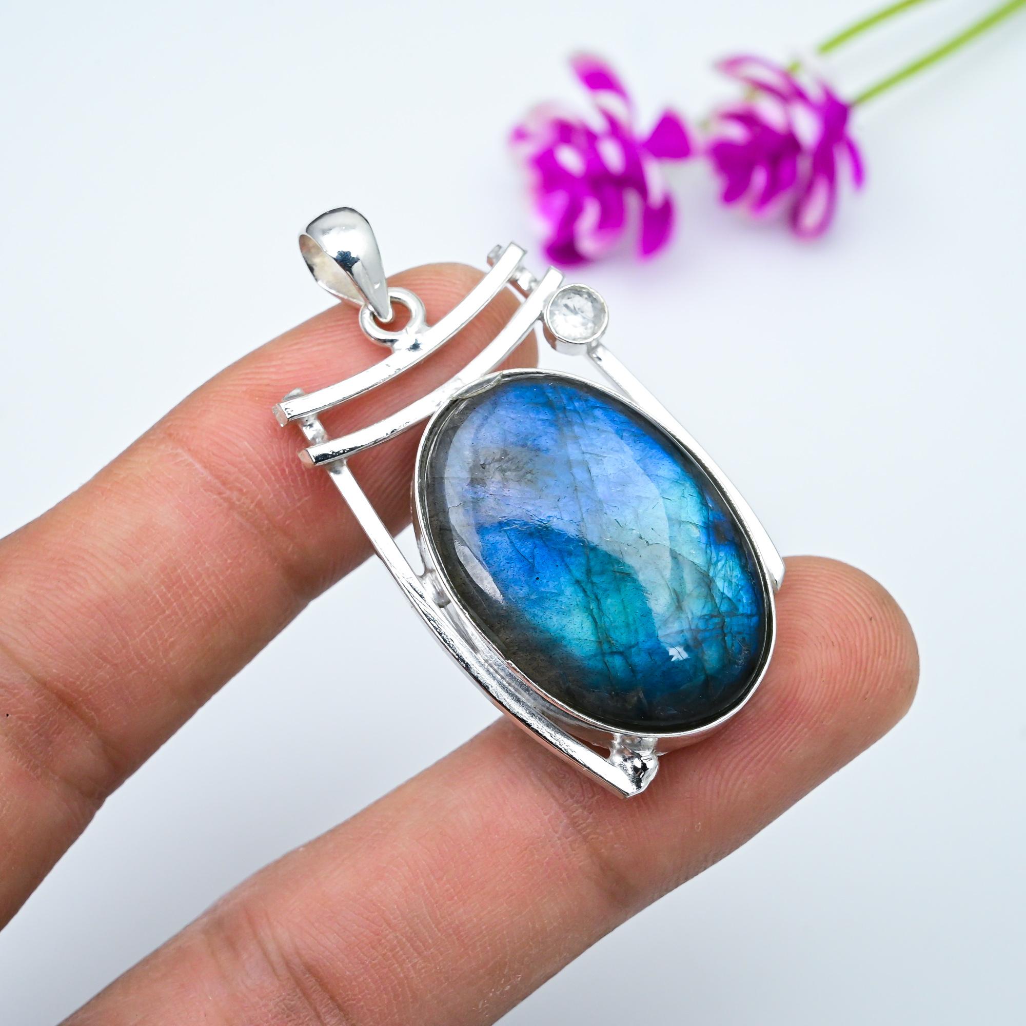 Neon Flash Labradorite, White Topaz 925 Solid Sterling Silver Pendant Handmade Gemstone Jewelry, Gifts For Wife Brand New Jewelry Pendant 1.77 Inches
Neon Flash Labradorite, White Topaz 925 Solid Sterling Silver Pendant Handmade Gemstone Jewelry, Gifts For Wife Brand New Jewelry Pendant 1.77 Inches