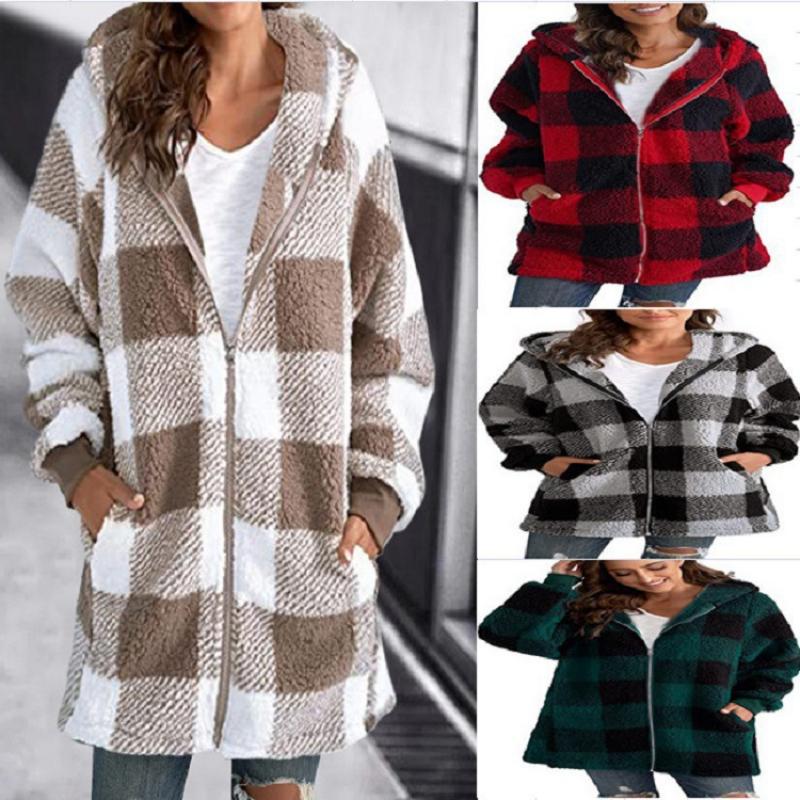 Women s Plush Hooded Jacket Checkered Pattern Long Sleeve Zipper Pockets Loose Fit Casual Warm Autumn Winter Coat S
Women s Plush Hooded Jacket Checkered Pattern Long Sleeve Zipper Pockets Loose Fit Casual Warm Autumn Winter Coat S