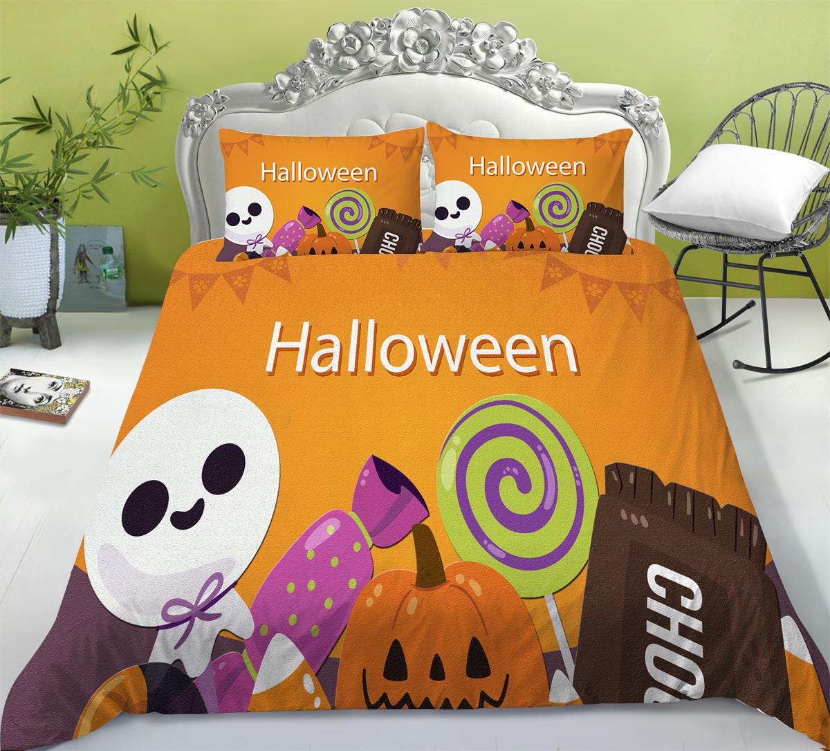 Комплект постельного белья для домашнего Хэллоуина с узором тыквы и лампы, пододеяльник и наволочка, 2/3, полноразмерное моющееся удобное постельное белье EU Single 135x200cm
