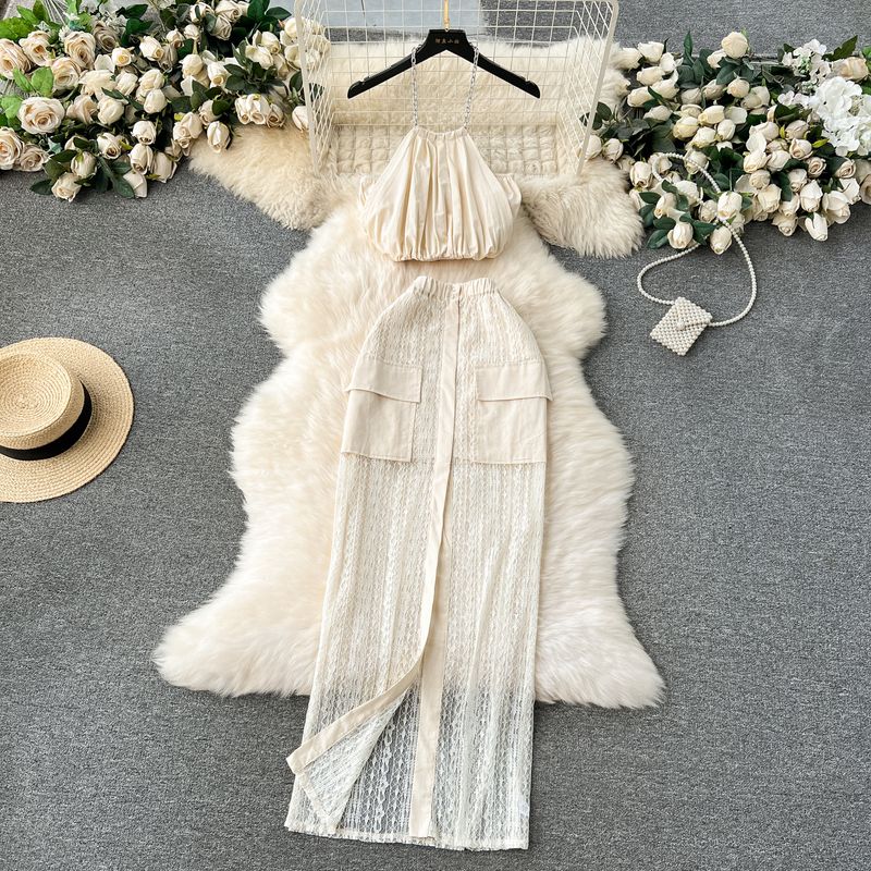 Fancy Vacation Style Suit Niche Style Halterneck Tank-Top Easiest for Match High Waist Lace Skirt Temperament Twinset Apricot color L
Fancy Vacation Style Suit Niche Style Halterneck Tank-Top Easiest for Match High Waist Lace Skirt Temperament Twinset Apricot color L