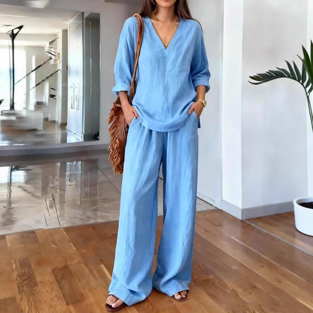 Cotton Linen Long-sleeved V-neck Trousers 2piece Set Women Fashion Pocket Loose Wide-leg Trousers Female Casual Vacation Set S
Cotton Linen Long-sleeved V-neck Trousers 2piece Set Women Fashion Pocket Loose Wide-leg Trousers Female Casual Vacation Set S