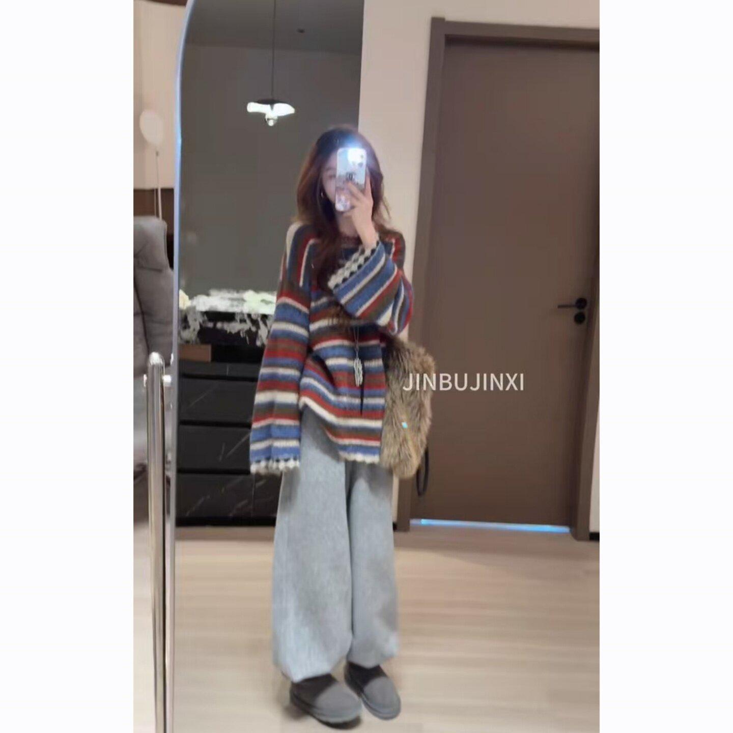 **Winter Street-Style Set: Lamb Wool Vest, Striped Sweater, Wide-Leg Pants** XL (115-125 jin)
**Winter Street-Style Set: Lamb Wool Vest, Striped Sweater, Wide-Leg Pants** XL (115-125 jin)