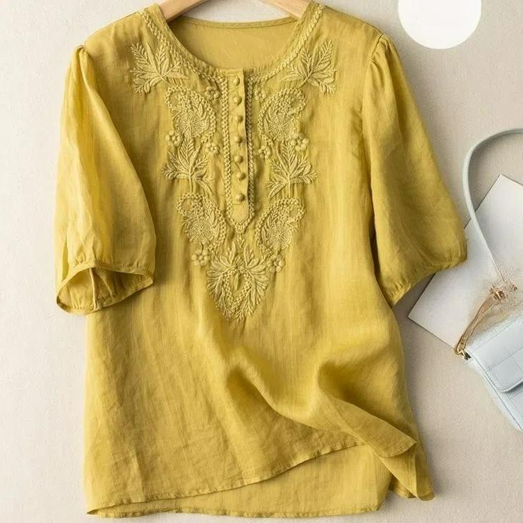 Short-sleeved Summer Style Literary Retro Loose Design Embroidered Round Neck Thin Cotton and Linen Ladies Top 2XL жовтий
Short-sleeved Summer Style Literary Retro Loose Design Embroidered Round Neck Thin Cotton and Linen Ladies Top 2XL жовтий