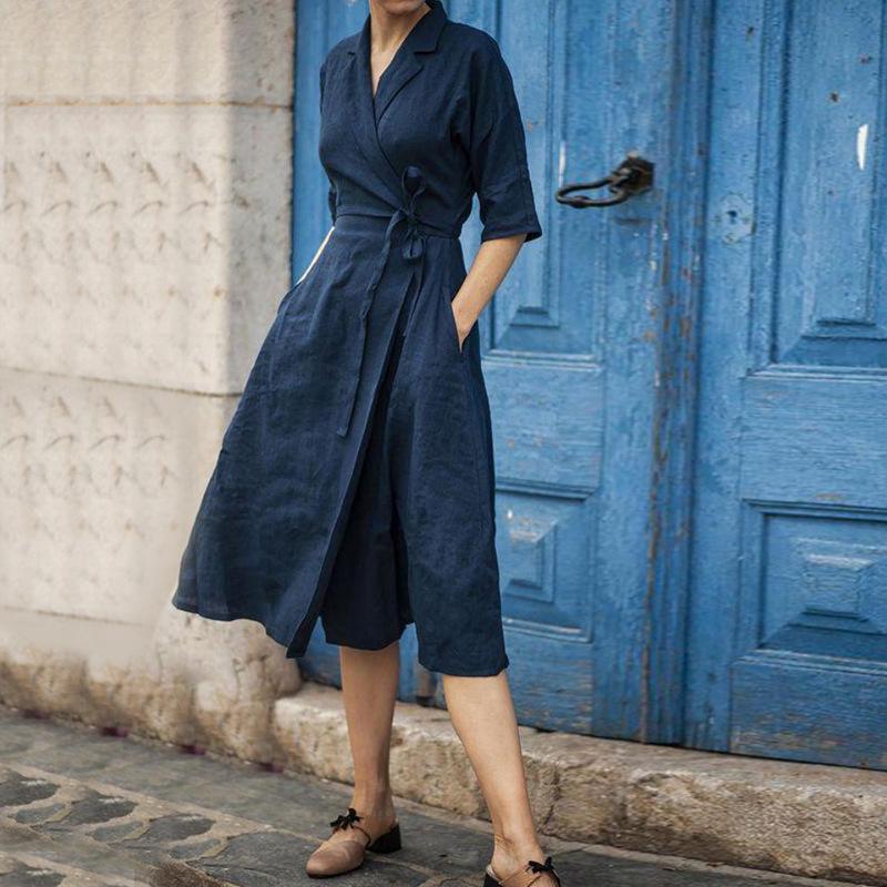 Cotton Linen Mid-Sleeve Tie-Waist Swing Dress with Turn-Down Collar - Solid Color European & American Casual Fashion XXL темно-синий
Cotton Linen Mid-Sleeve Tie-Waist Swing Dress with Turn-Down Collar - Solid Color European & American Casual Fashion XXL темно-синий