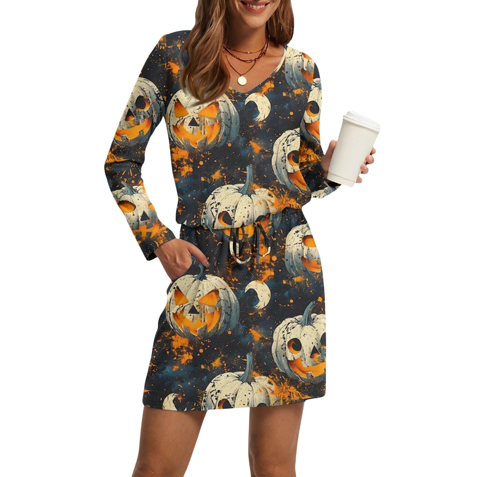 Women s Fashion V-Neck Long Sleeve Drawstring With Pocket Halloween Printed Casual Dresses L
Women s Fashion V-Neck Long Sleeve Drawstring With Pocket Halloween Printed Casual Dresses L