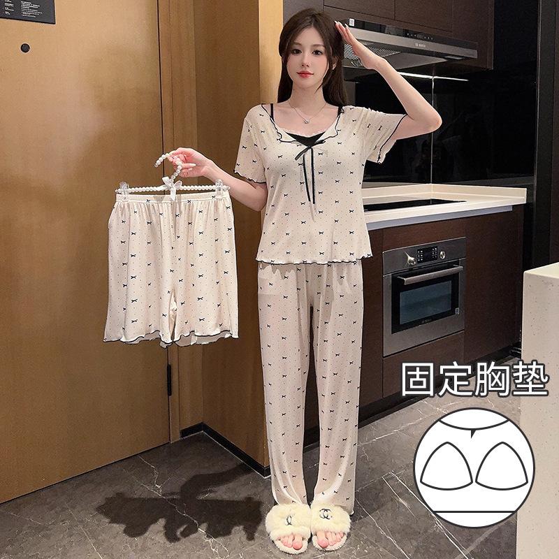 Summer pajamas women s modal short-sleeved shorts trousers bow three-piece set can be worn outside with chest pads loungewear M
Summer pajamas women s modal short-sleeved shorts trousers bow three-piece set can be worn outside with chest pads loungewear M