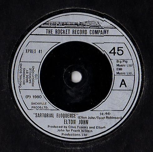 7inch Record ELTON JOHN - Sartorial Eloquence XPRES41 The Rocket Reco 1980 UK Rock Used
7inch Record ELTON JOHN - Sartorial Eloquence XPRES41 The Rocket Reco 1980 UK Rock Used