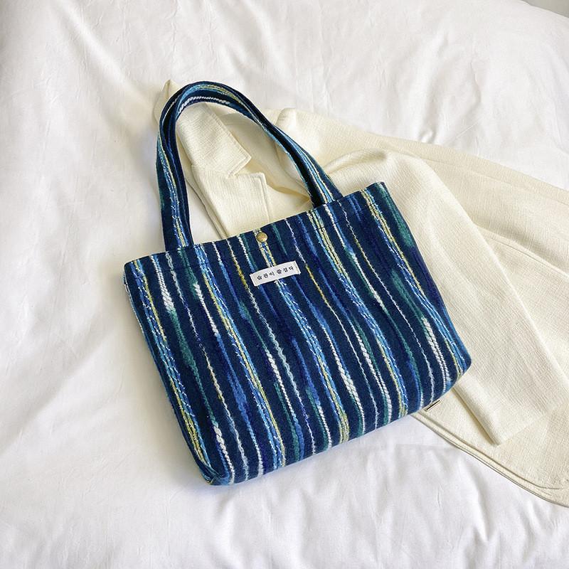 Stylish Blue Pink Beige Rainbow Striped Canvas Tote Bag With Embroidery For Daily Use
Stylish Blue Pink Beige Rainbow Striped Canvas Tote Bag With Embroidery For Daily Use